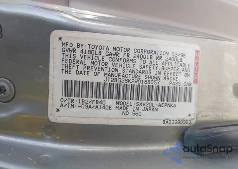 1998 Toyota Camry Le из США, поврежденный, VIN JT2BG28K2W0188057